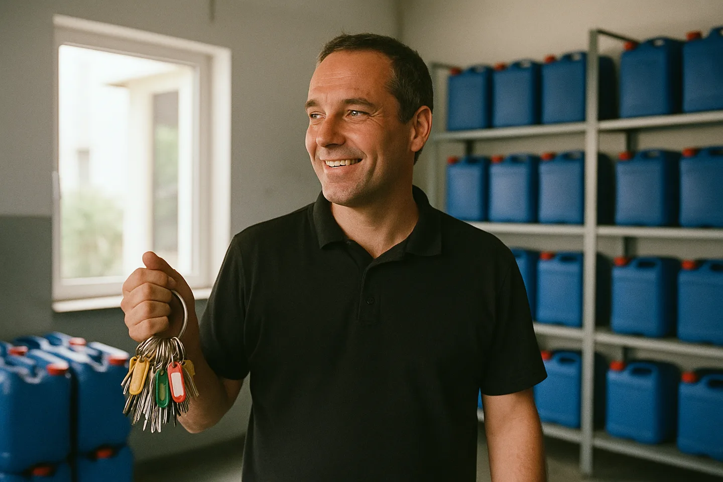 Ein Vorarbeiter steht morgens mit einem Schlüsselbund im Lager eines Reinigungsbetriebs