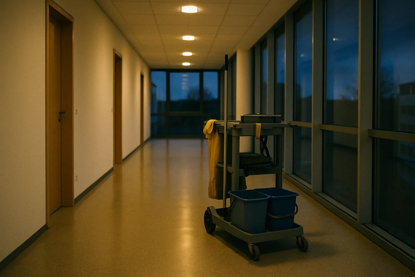Leerer Büroflur am Abend, ein Reinigungswagen steht allein im Gang