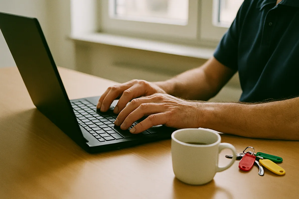 Hände an einer Laptop Tastatur, daneben ein Schlüsselbund