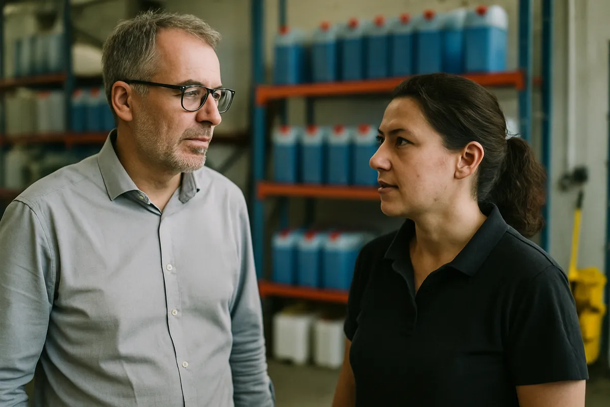 Inhaber und Vorarbeiterin besprechen sich morgens im Lager