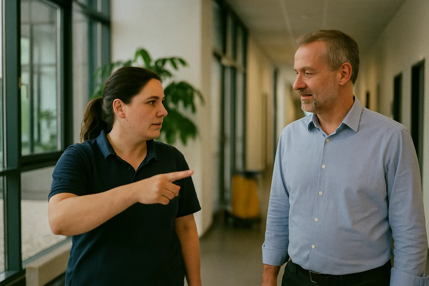 Eine Vorarbeiterin bespricht im Foyer eines Bürogebäudes etwas mit dem Hausmeister